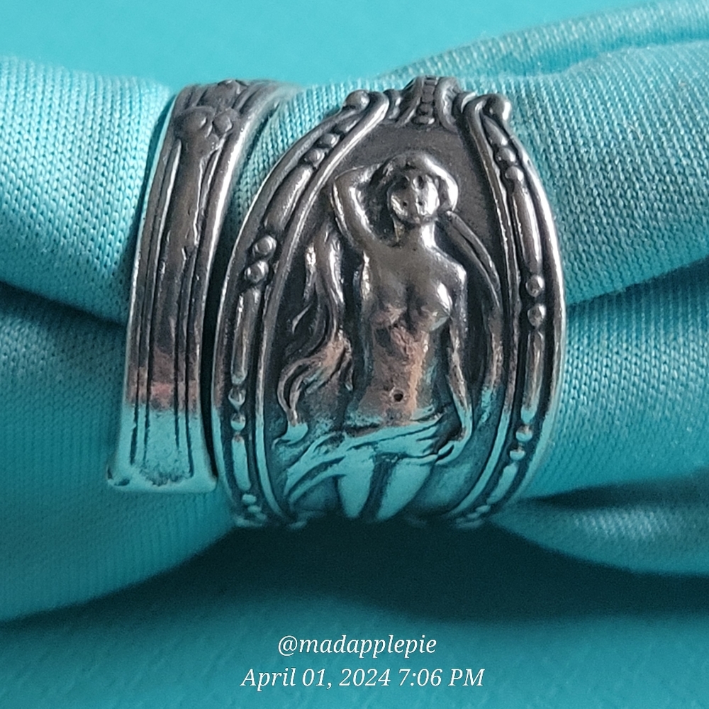Vintage Sterling Silver Spoon Ring Goddess Woman Nude Handcrafted #134